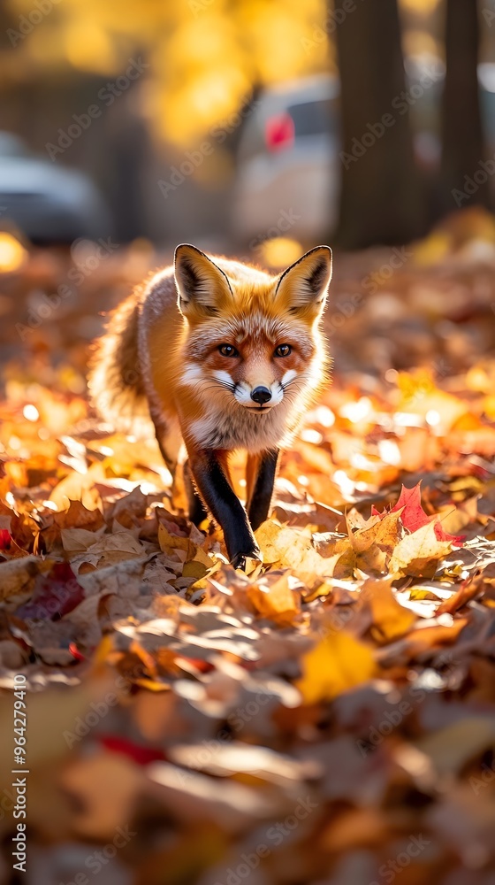 Cautious Red Fox Navigates Through Vibrant Autumn Foliage with Warm Sunlight and Cinematic Baroque