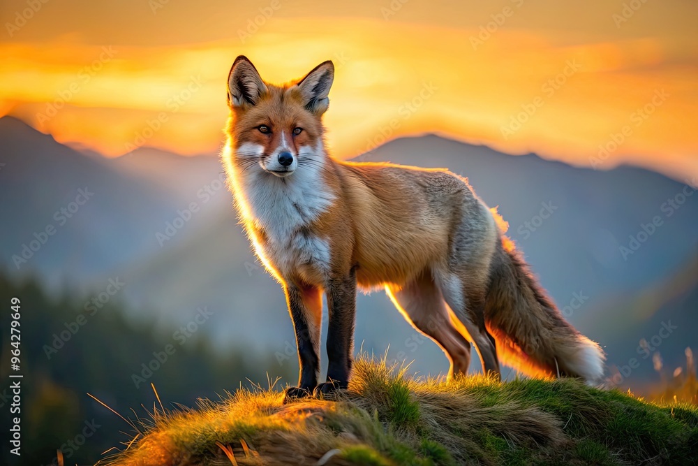 Red Fox With White Tummy And Black Legs Standing On Hill With Sunrise Sky Behind Red Fox With White Tummy And Black Legs Standing On Hill With Sunrise Sky Behind
