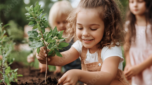 Group of Children Planting Trees in a Community Garden | Youth Involvement in Environmental Conservation and Green Initiatives photo