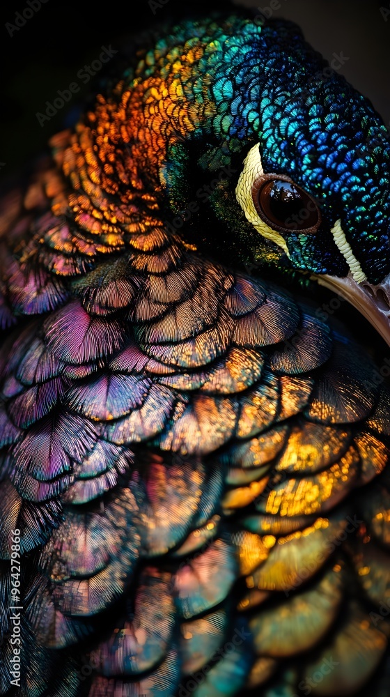 Obraz premium Captivating Close Up Showcase of a Peacock s Shimmering Iridescent Tail Feathers in Radiant Natural