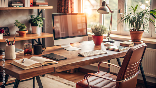 Modern home office setup for remote learning: a clean desk with a computer, open textbooks, a notepad, and a coffee mug. Include a comfortable chair, a desk lamp, and a potted plant