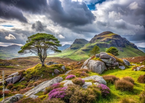 Rugged terrain of Knockan Crag National Nature Reserve in Scotland features ancient rocks, windswept trees, and sprawling heather moorlands under misty, overcast skies. photo