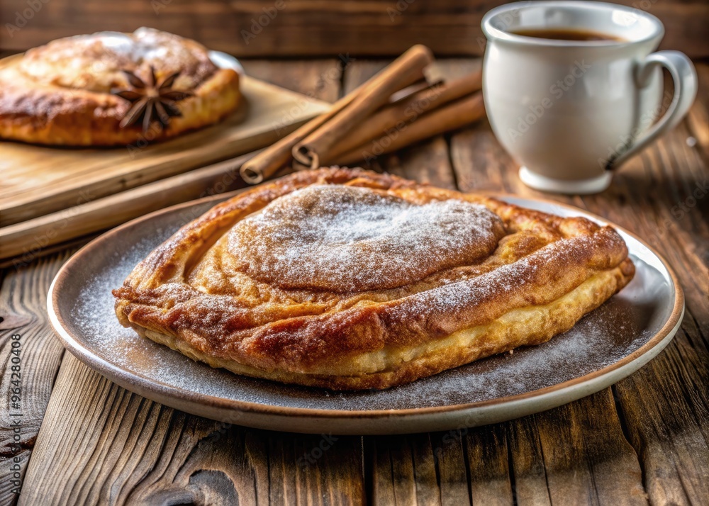 Rustic Beaver Tail Pastry Topped With Cinnamon And Sugar, Prepared On A Plate For Breakfast Or Dessert. Rustic Beaver Tail Pastry Topped With Cinnamon And Sugar, Prepared On A Plate For Breakfast Or Dessert.