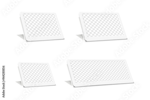 Electronic shelf label with transparent screen. 3d mockup set. Isolated white e-paper display stand for business events or retail store price tags. Realistic vector mock-up