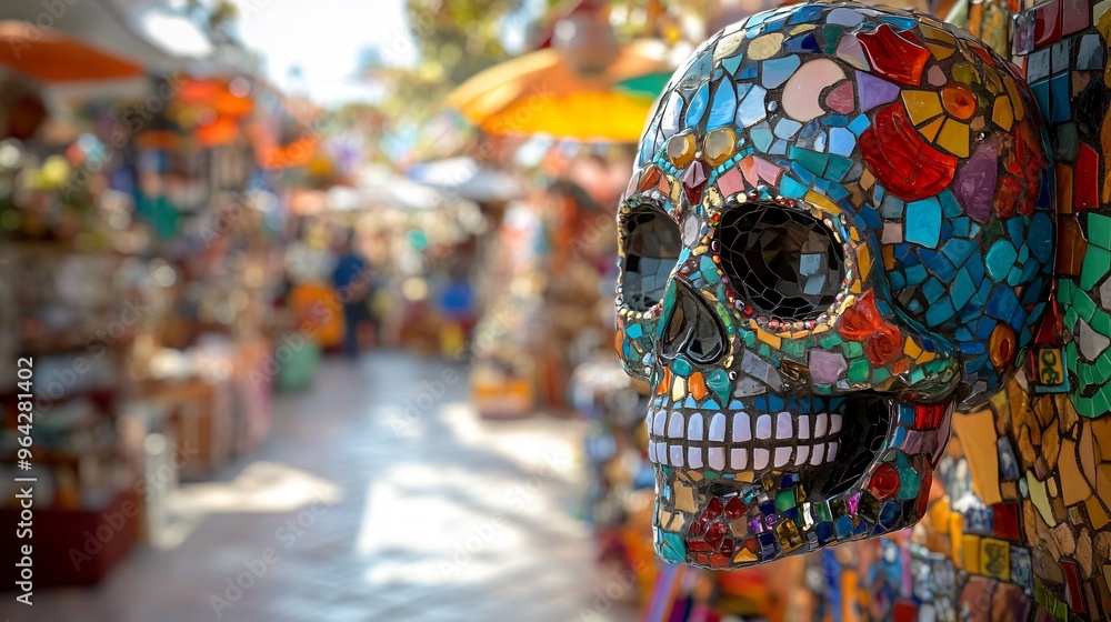 Fototapeta premium A mosaic Sugar Skull made of colorful tiles and glass shards, set against a bright Mexican marketplace with colorful stalls and decorations