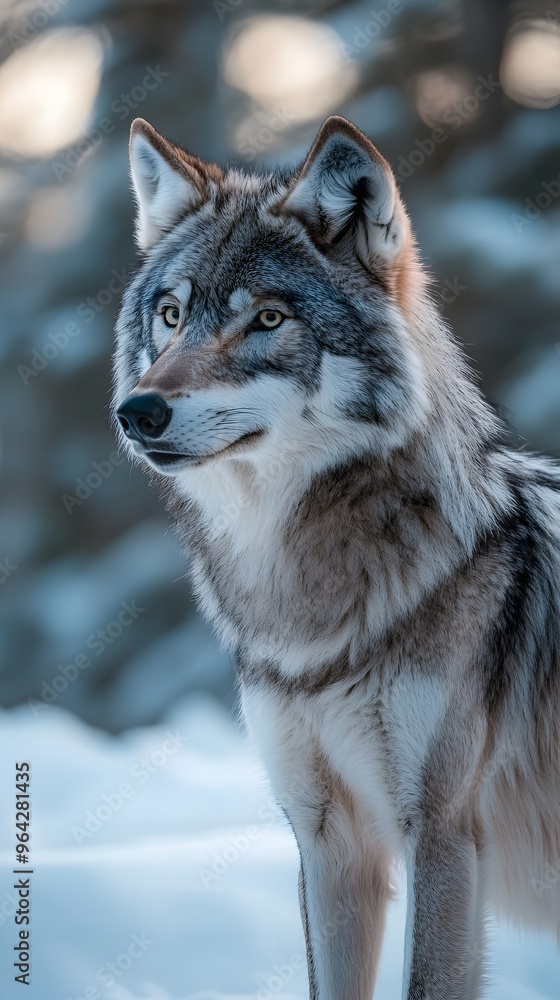 Majestic Grey Wolf Standing Tall in Serene Snow covered Landscape Majestic Grey Wolf Standing Tall in Serene Snow covered Landscape