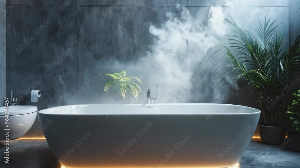 A minimalist bathroom featuring a sleek white freestanding tub set against textured dark concrete walls. 