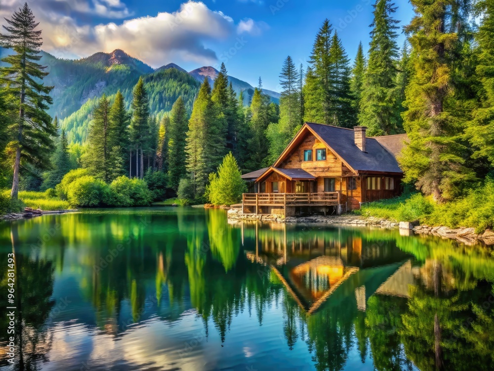 Fototapeta premium Scenic Nature Center With A Large Lake, Towering Trees, And A Charming Cabin Nestled Amidst The Wilderness