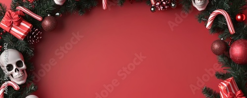 A festive holiday wreath featuring skulls, ornaments, and candy canes against a bold red backdrop. Perfect for unique seasonal decor.
