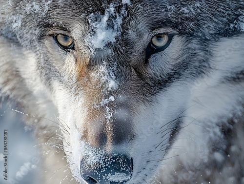 Captivating Close Up of a Grey Wolf s Intense Gaze and Icy Breath in Classical Wildlife Style photo