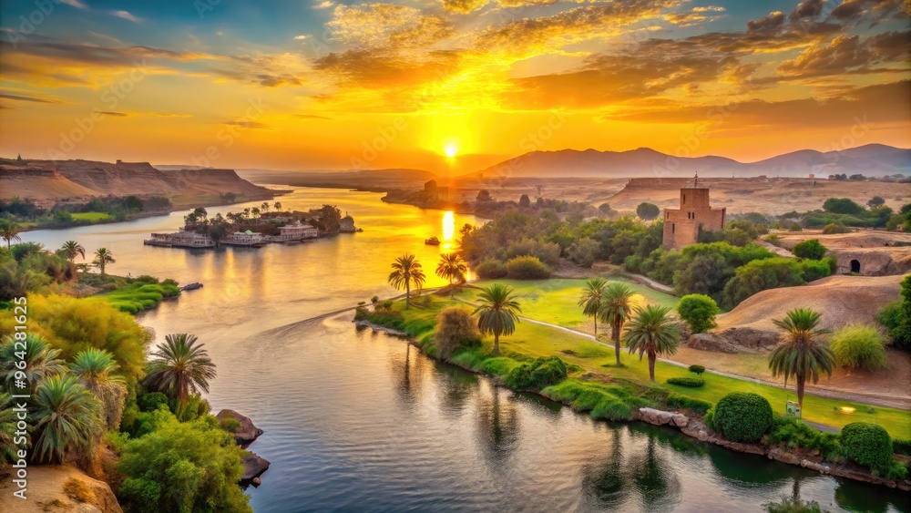 Obraz premium Scenic sunset over the majestic Nile River, Egypt's lifeblood, as it winds its way through lush green banks and ancient stone structures.