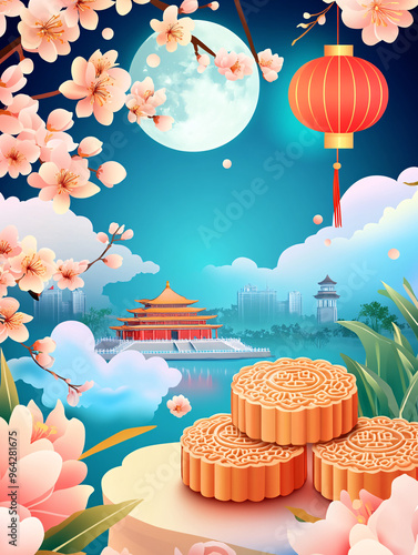 Mid-Autumn Festival traditional mooncake lantern illustration background 