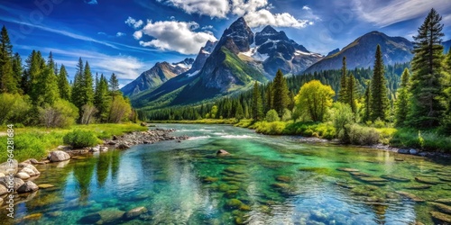 Scenic View Of A Crystal-Clear River Surrounded By Lush Vegetation And A Rugged Mountain Backdrop, Capturing The Pristine Beauty Of The Wilderness. photo