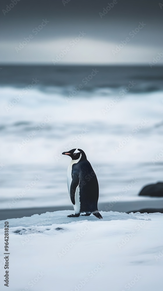 Obraz premium Penguin Navigating Frozen Shoreline Under Overcast Sky with Captivating Digital Photography