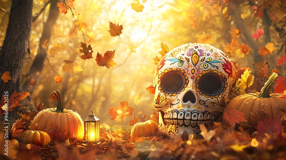 A Sugar Skull surrounded by autumn leaves and pumpkins, set against a forest clearing bathed in golden sunlight and the soft glow of lanterns A Sugar Skull surrounded by autumn leaves and pumpkins, set against a forest clearing bathed in golden sunlight and the soft glow of lanterns