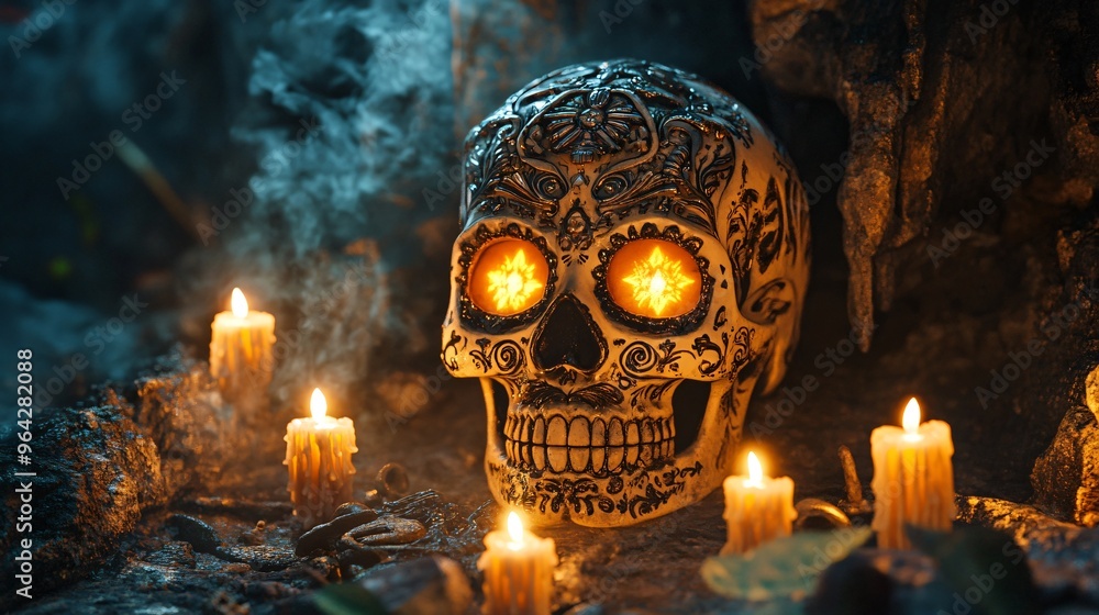 A Sugar Skull surrounded by mystical symbols, glowing candles, and fog, set against a dark, mysterious cave background with ancient carvings A Sugar Skull surrounded by mystical symbols, glowing candles, and fog, set against a dark, mysterious cave background with ancient carvings