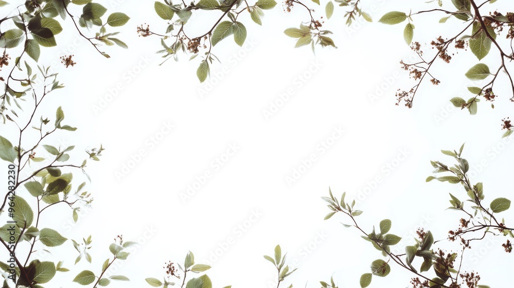 A blank background framed by a delicate arrangement of branches and foliage A blank background framed by a delicate arrangement of branches and foliage
