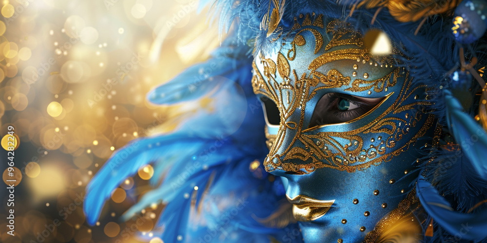 Close-Up of a Person Wearing a Gold and Blue Mask Close-Up of a Person Wearing a Gold and Blue Mask