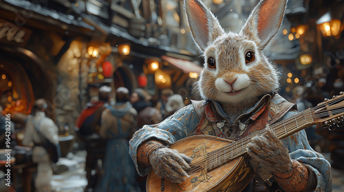 male rabbit beastfolk bard playing lute in a bustling medieval village tavern surrounded by people and warm firelight photo