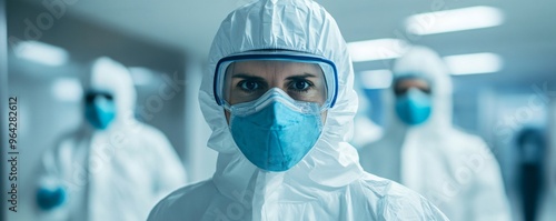 Team of scientists wearing protective gear conducting experiments with biohazardous materials. photo