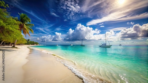 Serene Beach Scene Featuring White Sandy Shoreline, Turquoise Waters, And Distant Sailboats On A Sun-Drenched Horizon.