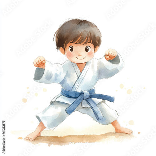 cute kid playing karate watercolor clipart