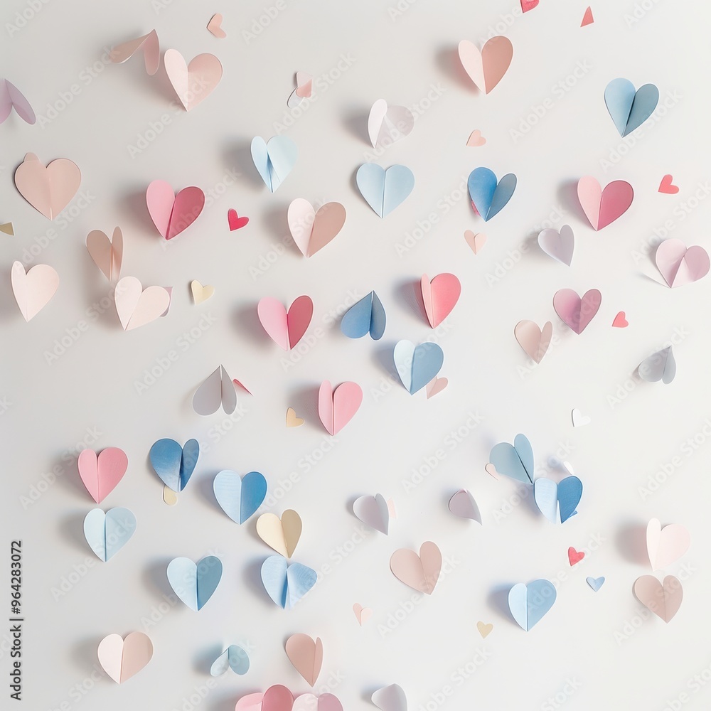 A beautiful arrangement of colorful paper hearts on a white background, perfect for decoration or romantic themes. A beautiful arrangement of colorful paper hearts on a white background, perfect for decoration or romantic themes.