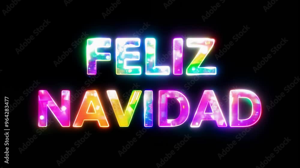 Texto animado Neon Feliz Navidad inscripción con copos de nieve sobre fondo negro, creando un ambiente festivo e invernal. Adecuado para tarjetas de vídeo y banners de Año Nuevo y Navidad.
