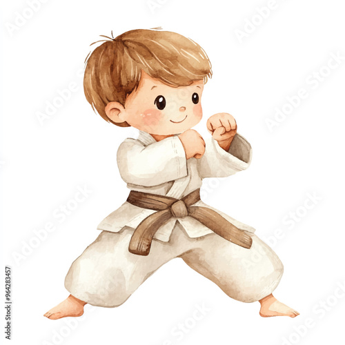 cute kid playing karate watercolor clipart