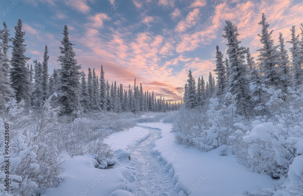 Obraz premium A tranquil trail covered in snow meanders through tall pine trees as the sky glows with pastel colors at sunset