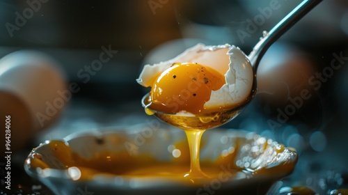 Macro shot of raw egg yolk in broken shell on spoon for culinary art and food photography photo