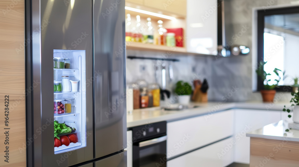 Modern kitchen with stainless steel refrigerator stocked with fresh vegetables and groceries Modern kitchen with stainless steel refrigerator stocked with fresh vegetables and groceries