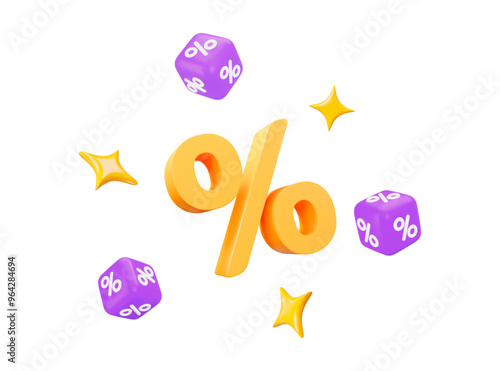 3d percent sign yellow color with flying cube percent and stars. Christmas, birthday, ads, promotion. Stock vector illustration on isolated background. 