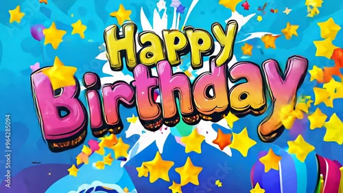 Animated text Bright Birthday  with colorful letters on a confetti background. Suitable for birthday greeting cards and invitations colorful festive illustration, celebratory, party video card photo