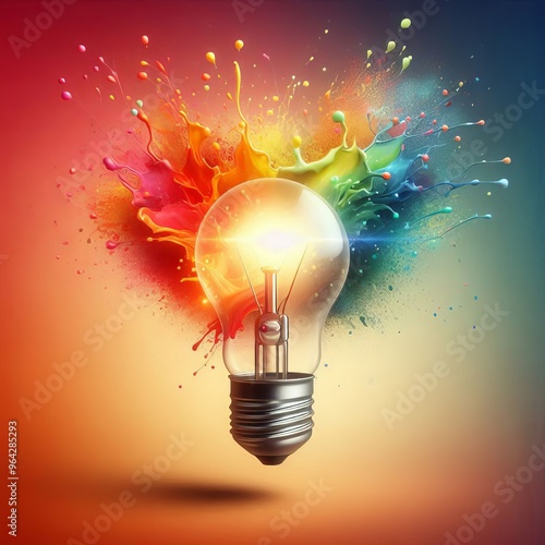 A glowing light bulb with a vibrant splash of multicolored paint, symbolizing creativity and innovation. The dynamic explosion of colors against a gradient background highlights artistic expression