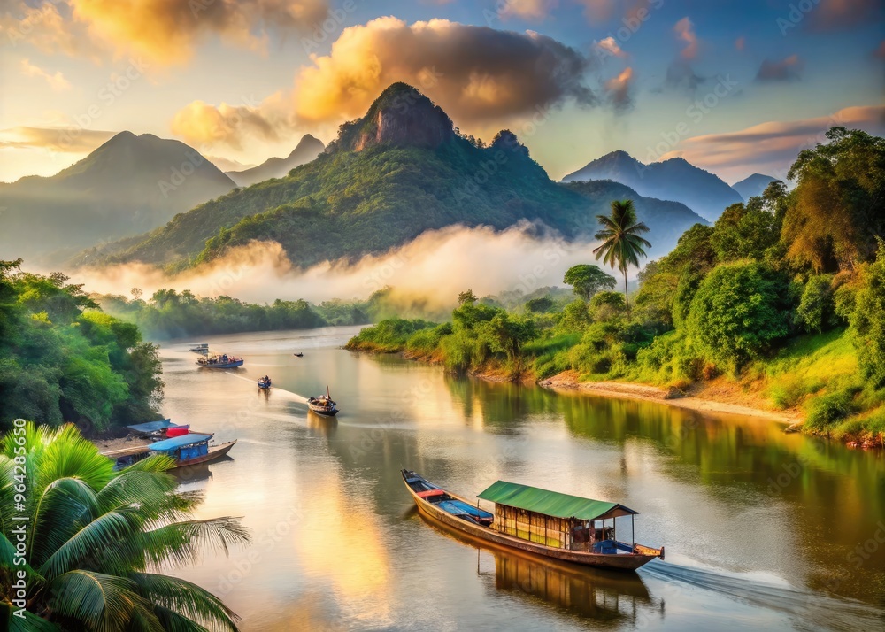 Serene morning scene of Mekong River flowing through lush green forests and rural villages, with traditional wooden boats and misty mountain ranges in the background. Serene morning scene of Mekong River flowing through lush green forests and rural villages, with traditional wooden boats and misty mountain ranges in the background.
