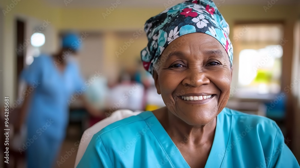 An elderly black woman is smiling warmly while sitting in a care facility. She wears a patterned headscarf and a blue uniform, exuding joy and positivity. An elderly black woman is smiling warmly while sitting in a care facility. She wears a patterned headscarf and a blue uniform, exuding joy and positivity.