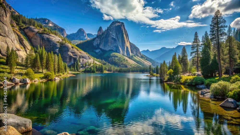 Serene Mountain Vista In California, Featuring A Tranquil Lake, Rugged Cliffs, And Lush Greenery Under A Clear Blue Sky. Serene Mountain Vista In California, Featuring A Tranquil Lake, Rugged Cliffs, And Lush Greenery Under A Clear Blue Sky.