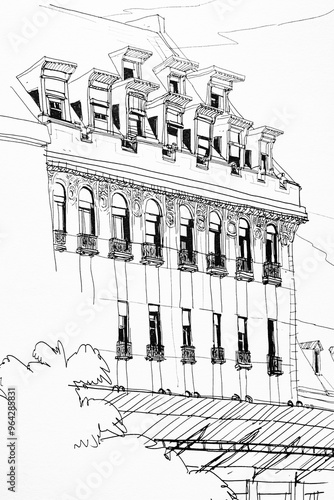 Dessin urbain bâtiment et infrastructure en noir et blanc - Arrière plan coloriage architecture