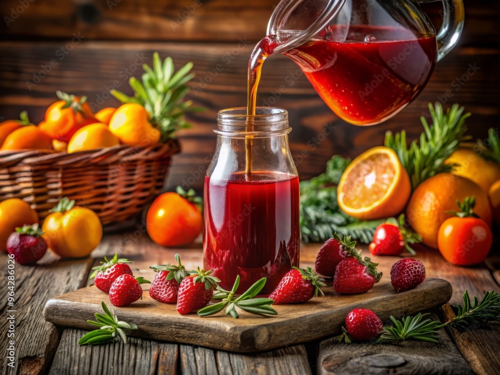 Vibrant crimson liquid pours from a glass bottle, surrounded by fresh strawberries, ripe oranges, and sprigs of rosemary on a rustic wooden tablecloth. Vibrant crimson liquid pours from a glass bottle, surrounded by fresh strawberries, ripe oranges, and sprigs of rosemary on a rustic wooden tablecloth.
