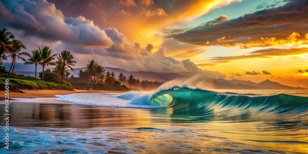 Serenene sunset scene of world-renowned surf spot on Hawaii's North Shore, featuring a winding beachside pipeline and turquoise ocean waves crashing against the shore. Serenene sunset scene of world-renowned surf spot on Hawaii's North Shore, featuring a winding beachside pipeline and turquoise ocean waves crashing against the shore.