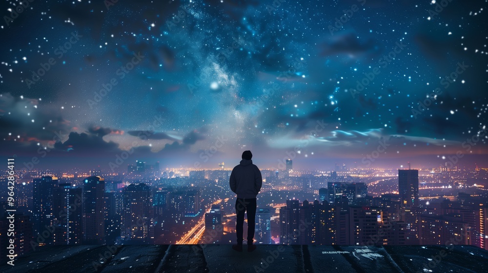 Man Gazing at City Skyline Under Starry Night Sky - Urban Nightscape ...