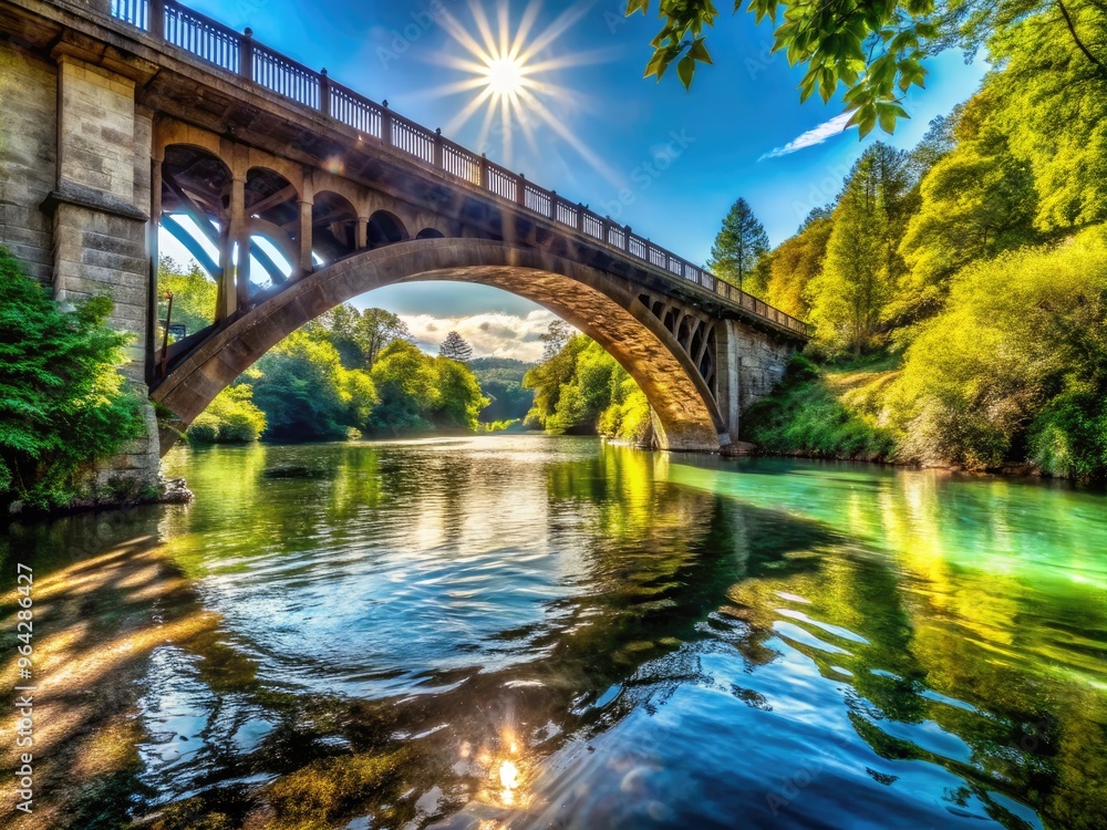 Serene River Flows Beneath A Towering, Intricate Bridge, Casting Long Shadows Over The Sparkling Water Serene River Flows Beneath A Towering, Intricate Bridge, Casting Long Shadows Over The Sparkling Water