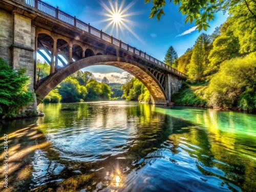 Serene River Flows Beneath A Towering, Intricate Bridge, Casting Long Shadows Over The Sparkling Water