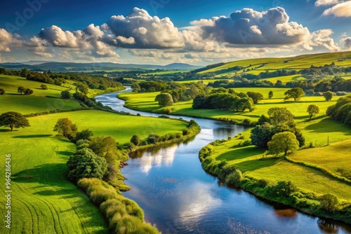 Serene River Meandering Through Lush Green Meadows And Rolling Hills Under A Vast Blue Sky In The Picturesque Irish Countryside