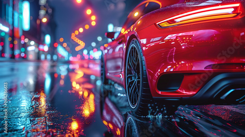 Sporty powerful SUV on city night streets close-up back