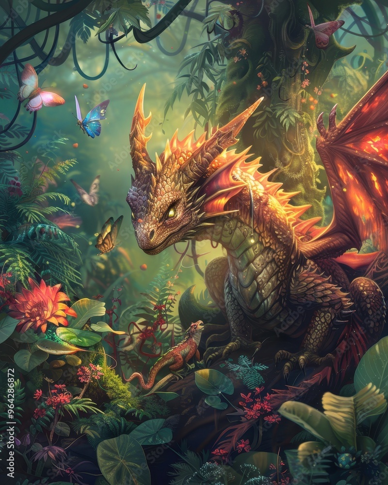 Fototapeta premium A mystical dragon resting in a vibrant jungle, surrounded by lush flora and colorful butterflies, evoking a sense of enchantment.