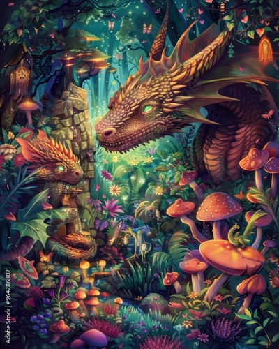 A mystical dragon explores a vibrant forest filled with colorful mushrooms and enchanting flora.