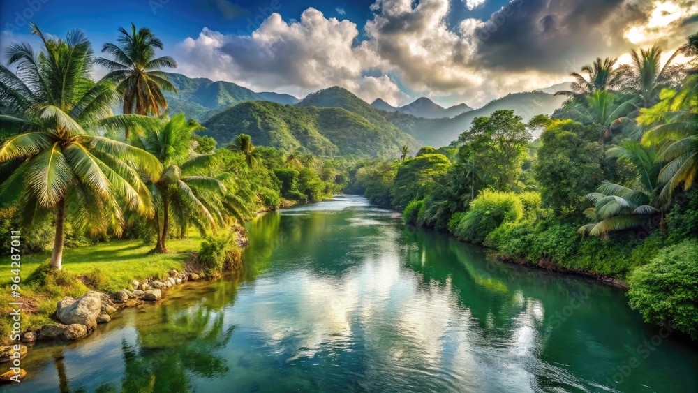 Serene tropical scenery featuring a tranquil river surrounded by lush greenery and majestic mountains, picturesque landscape in White River, Jamaica, Caribbean island paradise. Serene tropical scenery featuring a tranquil river surrounded by lush greenery and majestic mountains, picturesque landscape in White River, Jamaica, Caribbean island paradise.