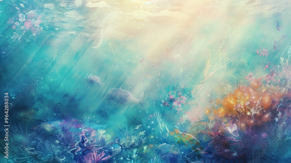 A serene underwater scene featuring vibrant coral and beams of sunlight illuminating the tranquil blue waters. A serene underwater scene featuring vibrant coral and beams of sunlight illuminating the tranquil blue waters.
